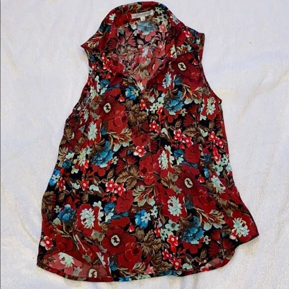 Glamorous red floral collared button up tank top | Sz XS - Picture 2 of 7